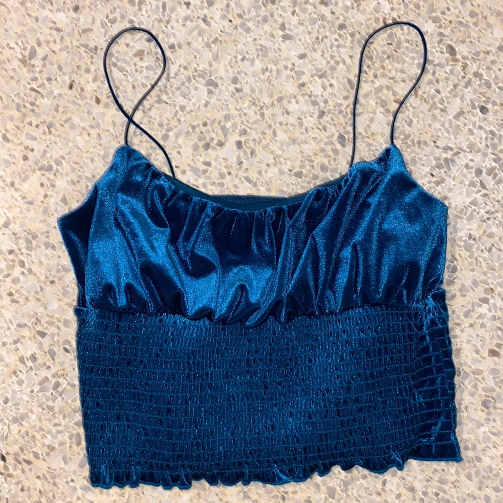 URBAN OUTFITTERS VELVET CROP TOP RUCHED TEAL MEDIUM GORGEOUS
